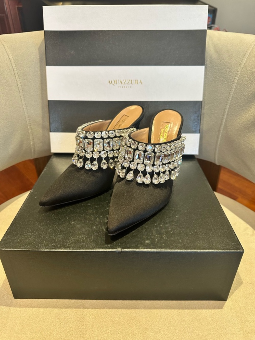 Aquazzura Black Crystal Fringe Pointed Satin Mules